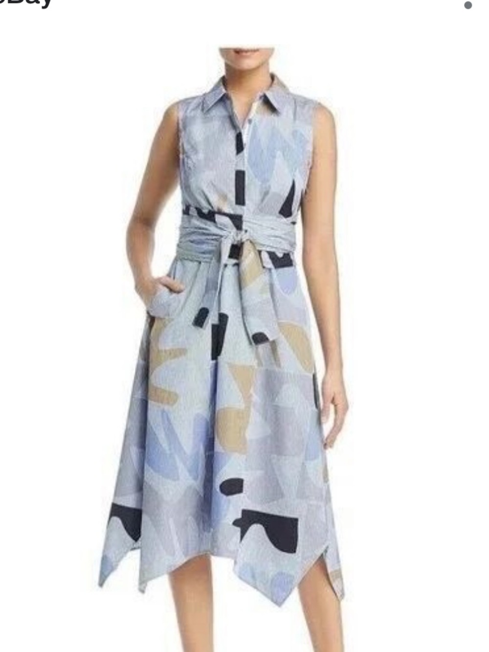 Lafayette 148 Sleeveless Wrap Dress in Blue/Gold Print small